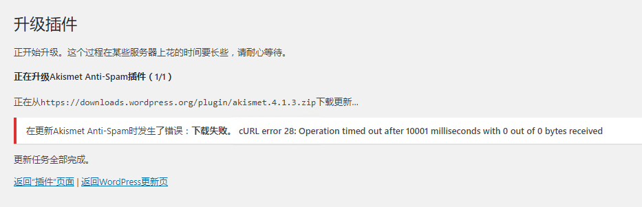 wordpress插件更新提示：cURL error 28: Operation timed out after 10001