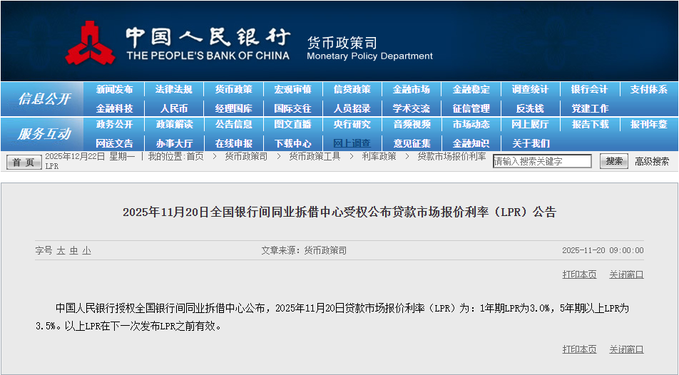 2025年11月20日贷款市场报价利率（LPR）为：1年期LPR为3.0%，5年期以上LPR为3.5%。